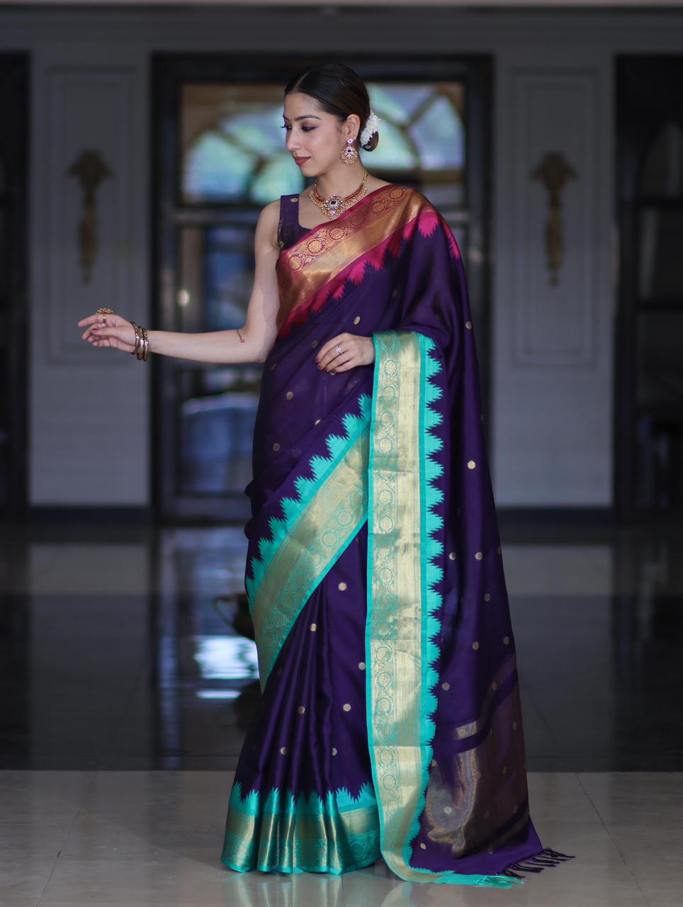 Soft Silk Saree โ Royal Blue with Teal Green Border - AbirabyBeena