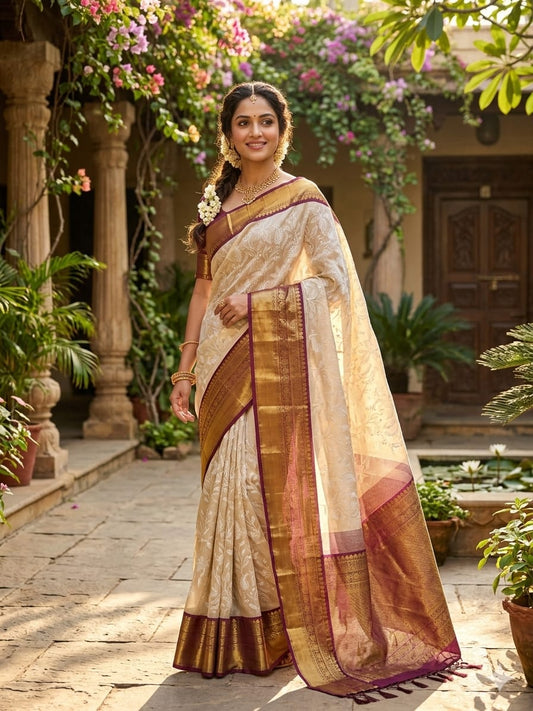 Ivory Bloom Tissue Embroidery Saree – Off White