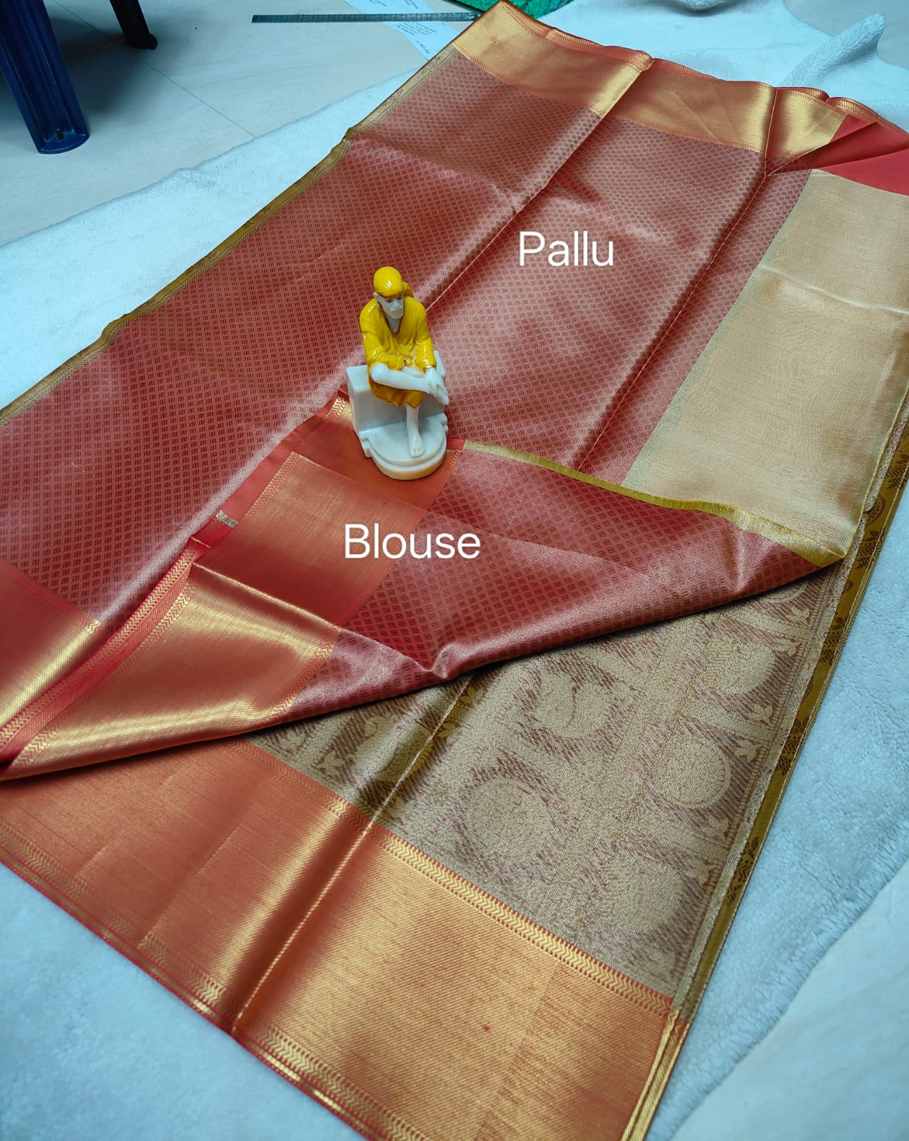 Nita-Inspired Tissue Silk Saree – Gold with Copper Border - AbirabyBeena