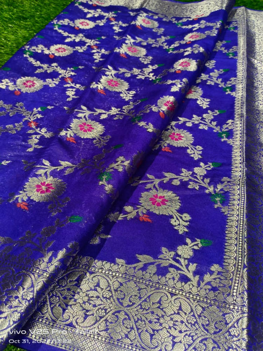 Blue Banaras Soft Georgette Jaal silk - AbirabyBeena