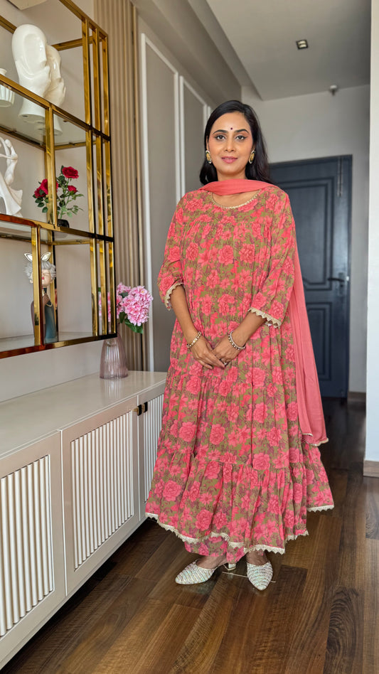 Peach Georgette Kurta Palazzo Set With Dupatta