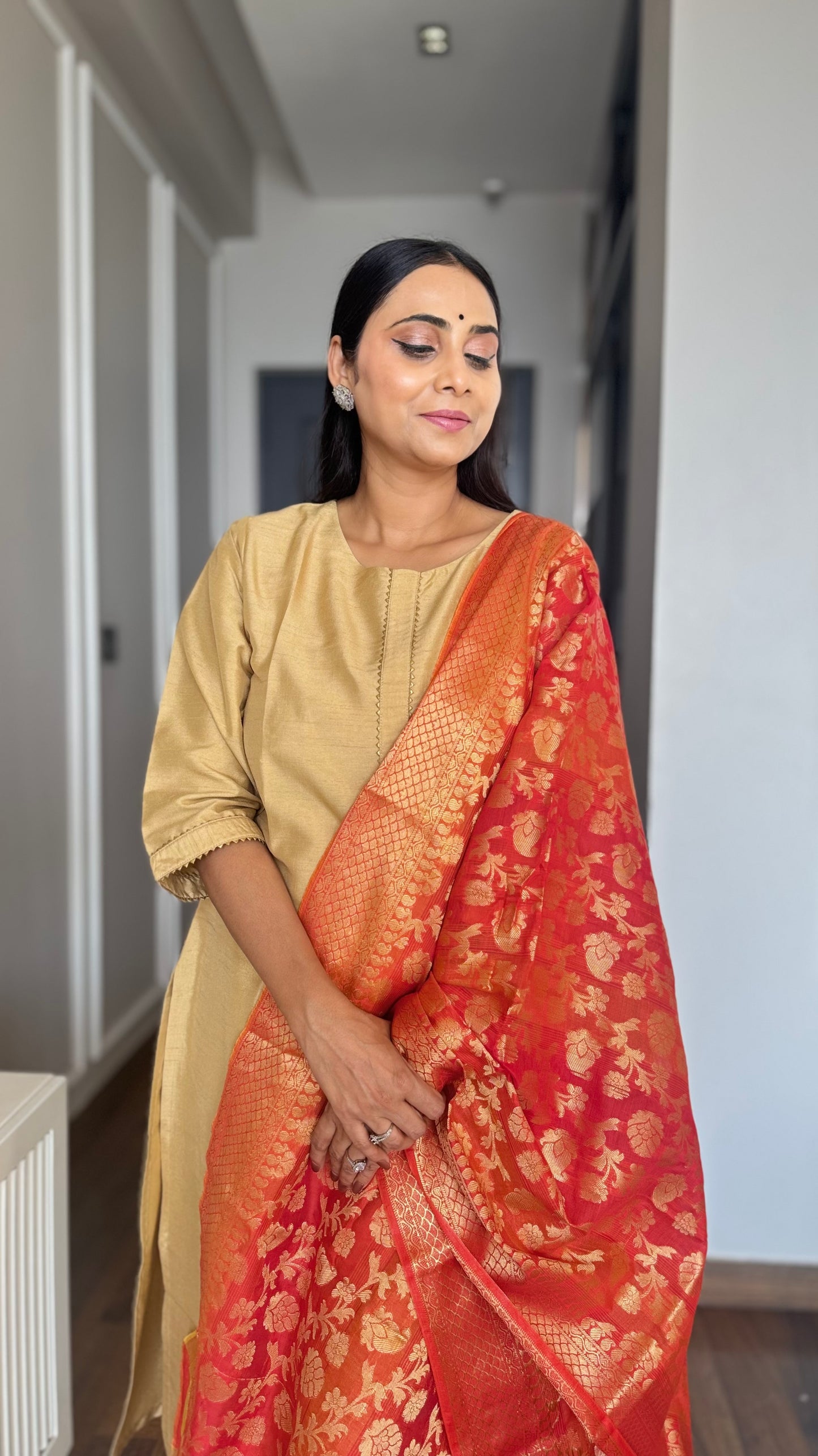 Gold Poly Silk Solid Kurta With Pant And Dupatta