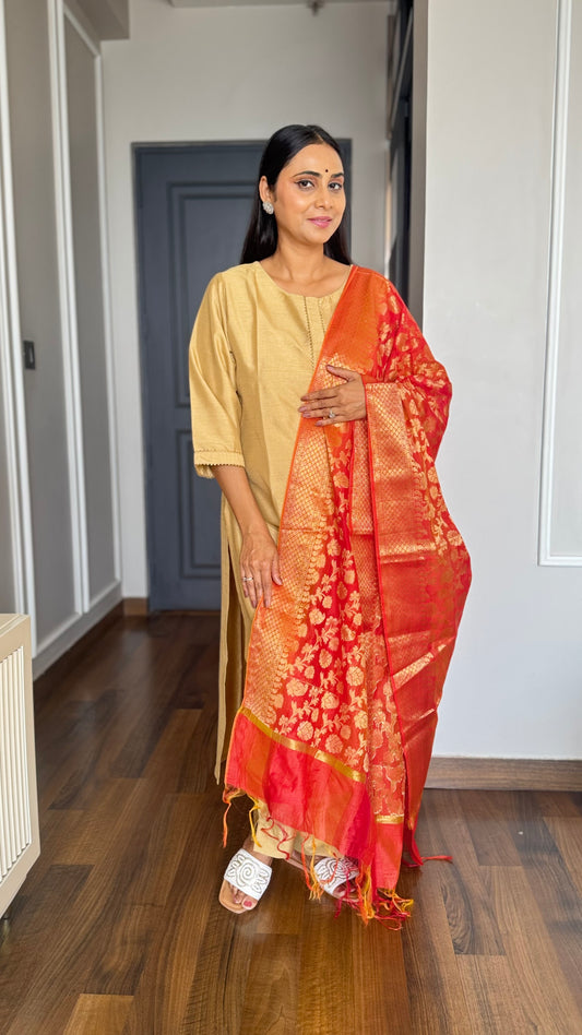 Gold Poly Silk Solid Kurta With Pant And Dupatta