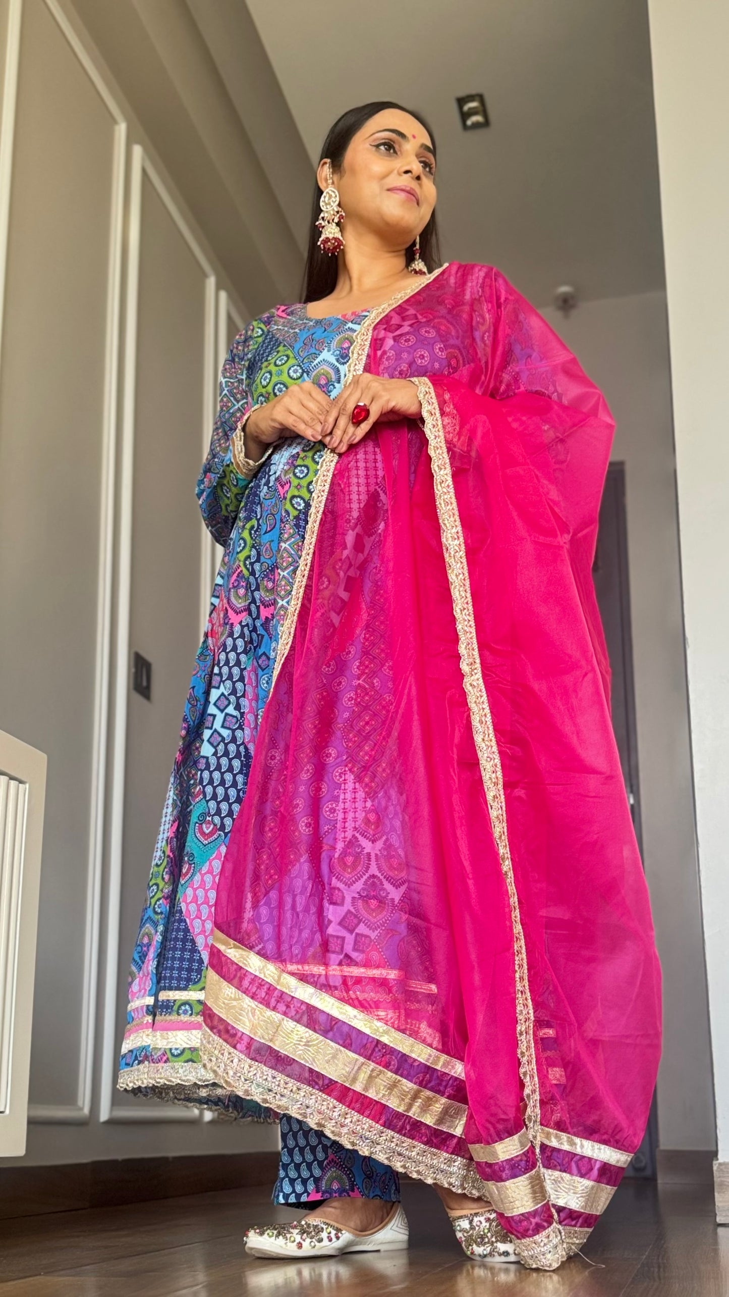 Blue Cotton Ethnic Printed Kurta With Pant And Dupatta