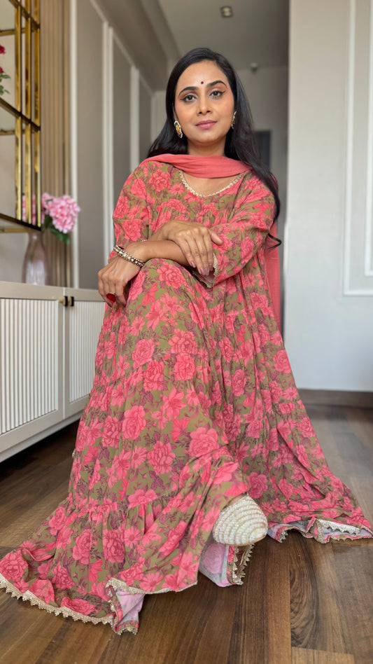 Peach Georgette Kurta Palazzo Set With Dupatta