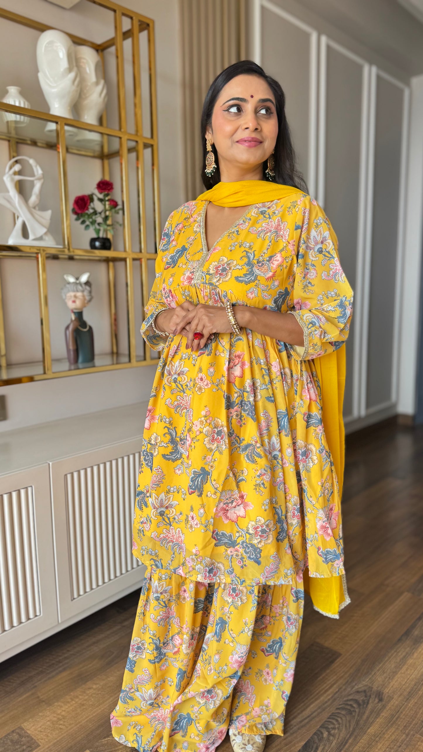 Yellow Georgette Digital Floral Printed Kurta With Sharara And Dupatta