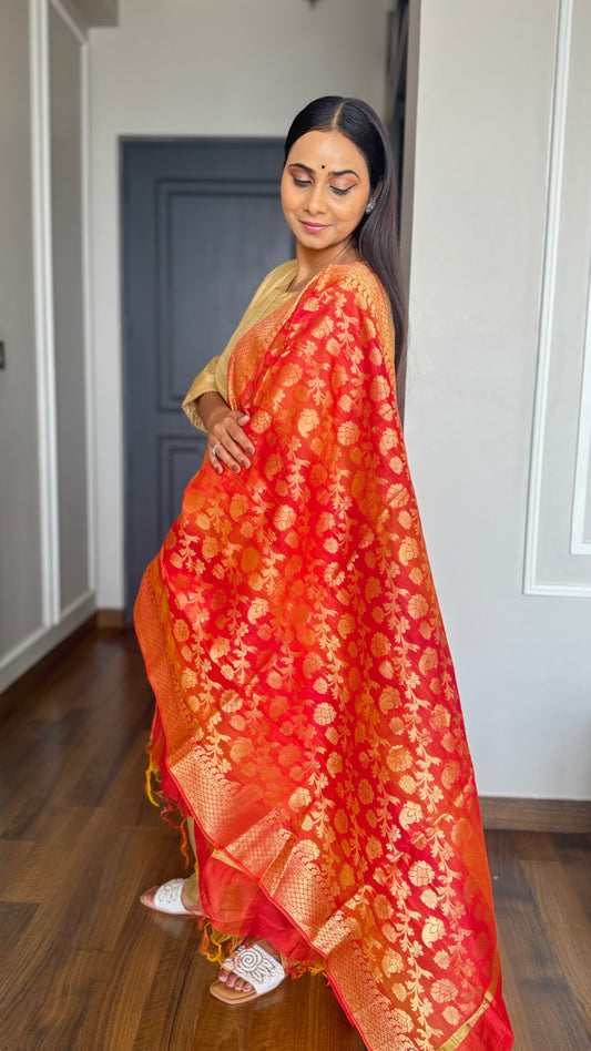 Gold Poly Silk Solid Kurta With Pant And Dupatta