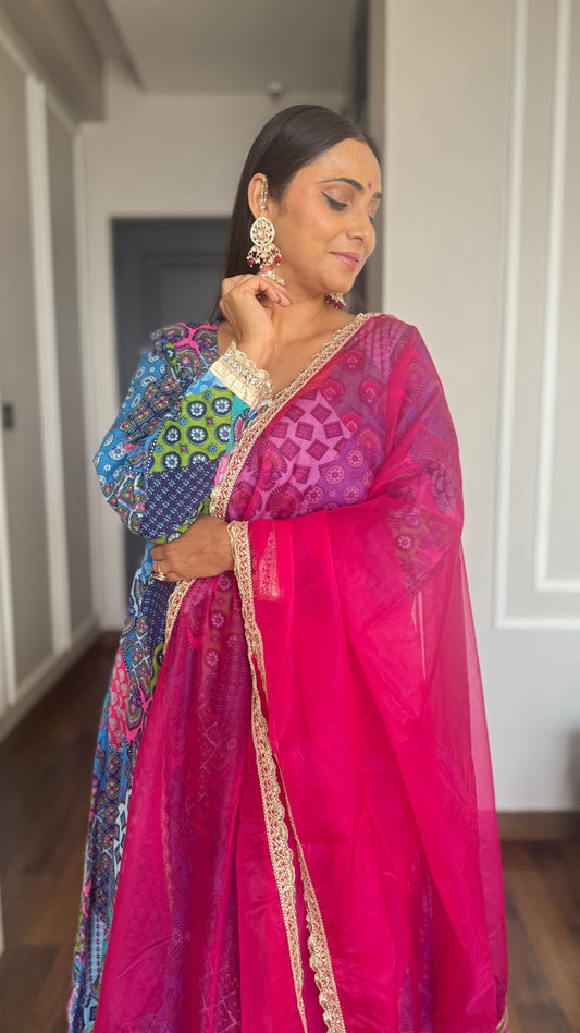 Blue Cotton Ethnic Printed Kurta With Pant And Dupatta