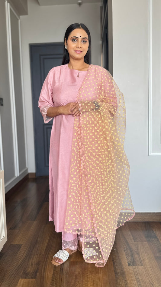 Pink Poly Silk Solid Kurta With Pant