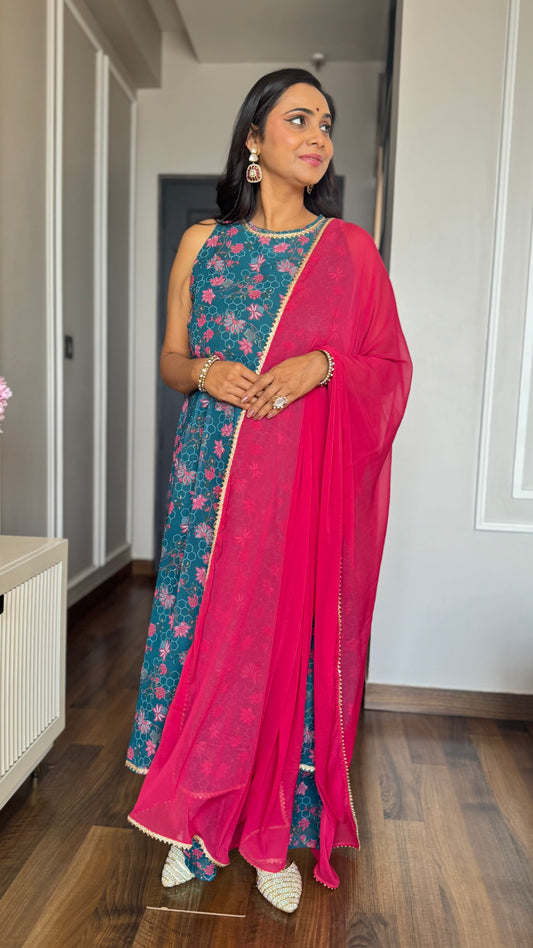 Chic Azure Blue Digital Print Ethnic