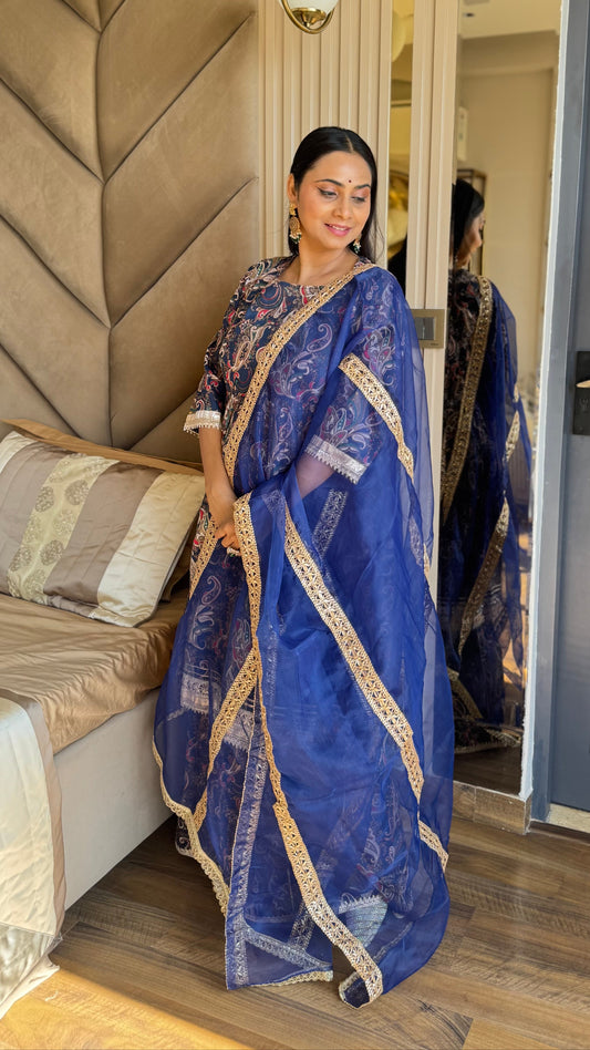 Navy Blue Cotton Ethnic Printed Kurta With Flared Palazzo And Dupatta