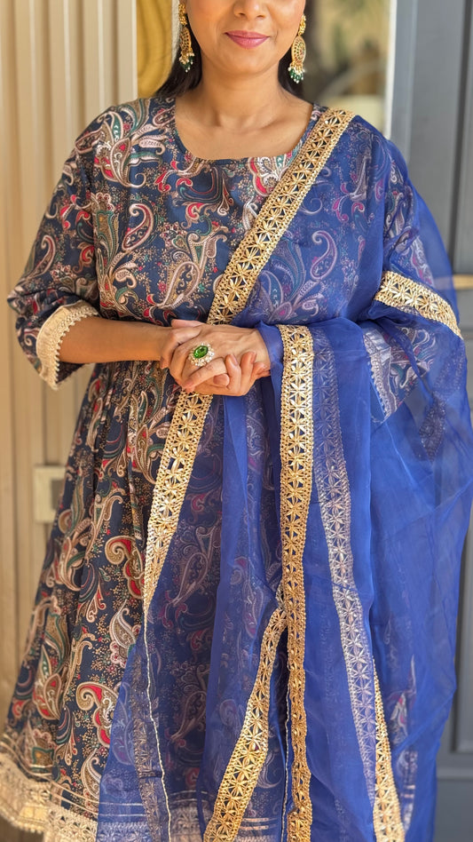 Navy Blue Cotton Ethnic Printed Kurta With Flared Palazzo And Dupatta