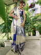 Ivory Embroidered Tissue Silk Saree with Royal Blue Zari Border