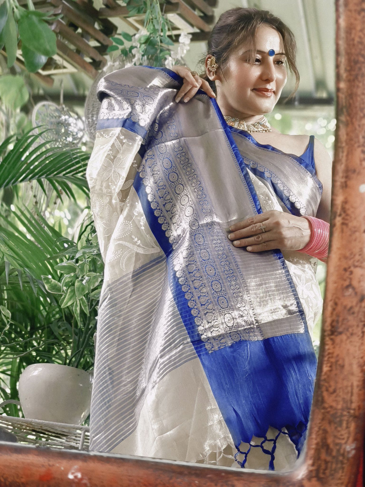 Ivory Embroidered Tissue Silk Saree with Royal Blue Zari Border