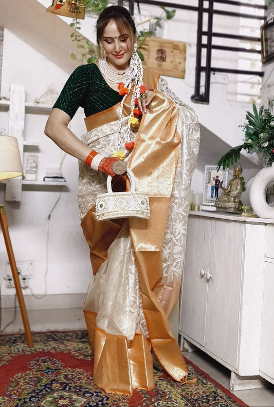 Ivory Embroidered Tissue Silk Saree - Orange Border