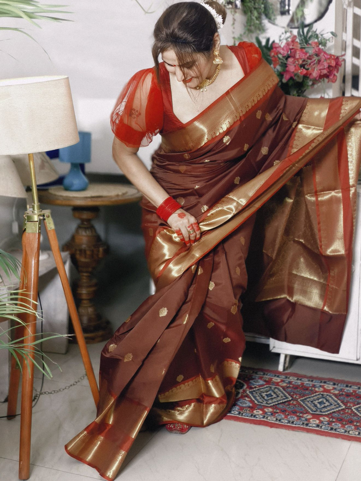 Brown Soft Katan Silk Saree with Broad Gold Zari Border