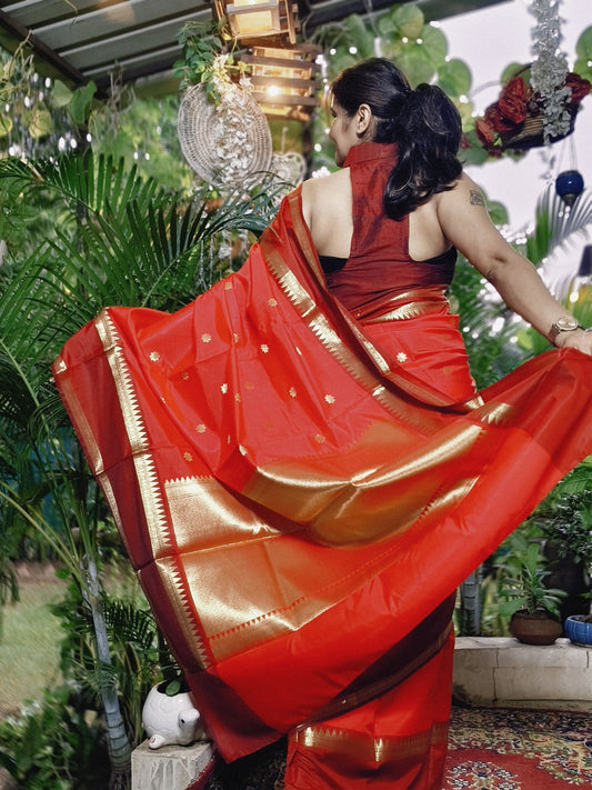 Red Soft Katan Silk Saree with Temple Border