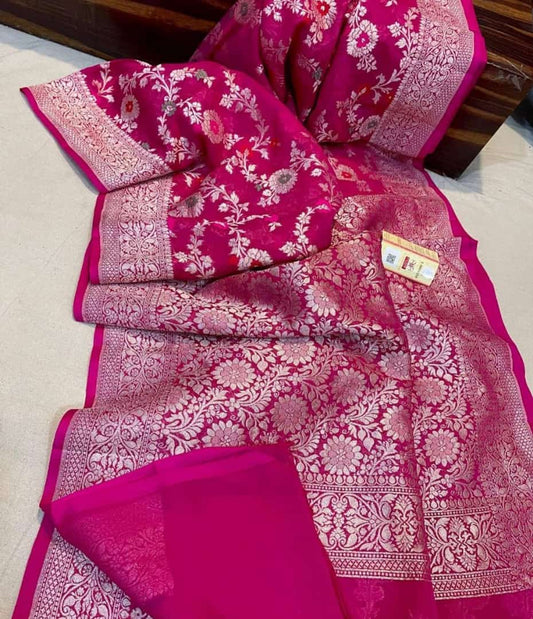 Dark Pink Banaras Soft Georgette Jaal silk - AbirabyBeena