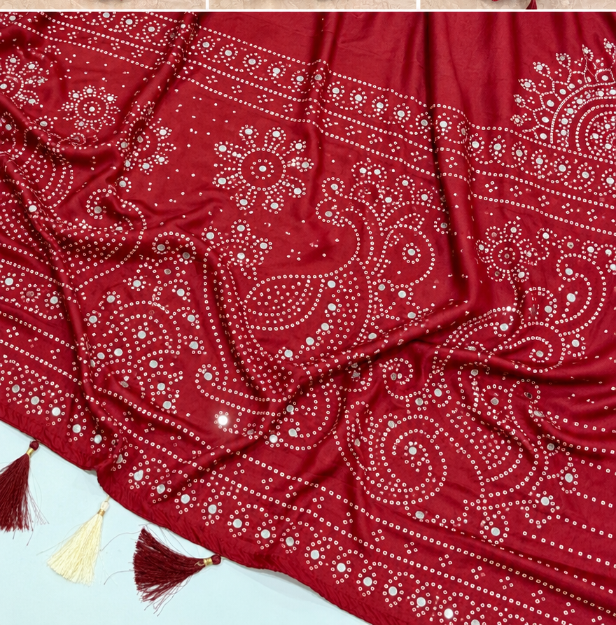 Red Mirror Work Art Silk Printed Saree