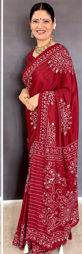Red Mirror Work Art Silk Printed Saree