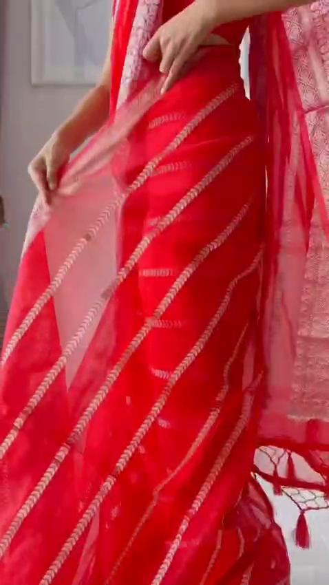 Red Kora Organza Stripe soft silk