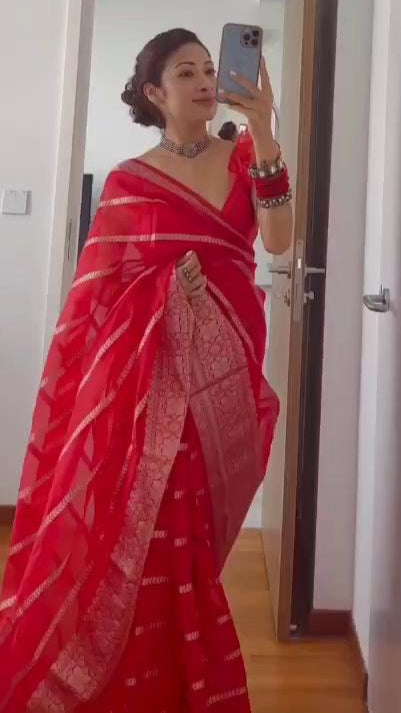 Red Kora Organza Stripe soft silk