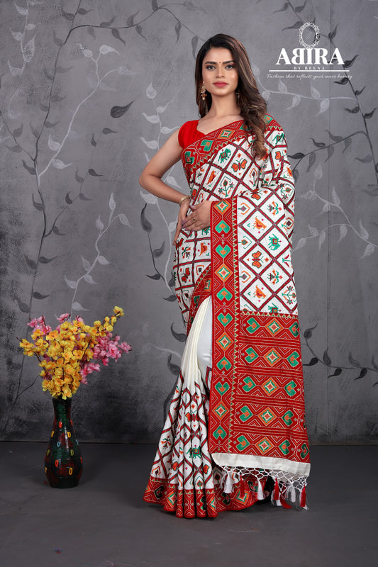 White Embroidered Patola Gaji Silk - AbirabyBeena