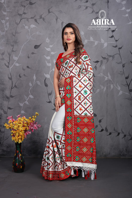 White Embroidered Patola Gaji Silk - AbirabyBeena