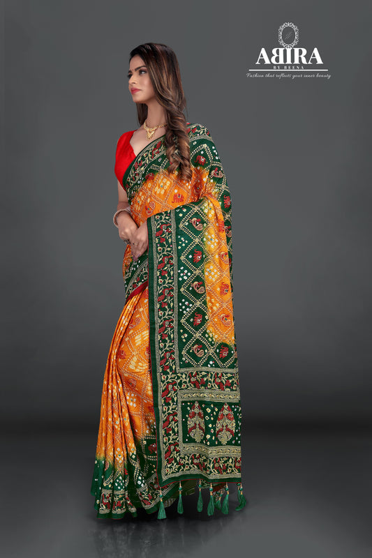 Yellow Dana Bandhani with beautiful hand work - AbirabyBeena