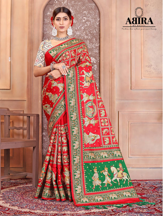 Red Embroidered Gaji Silk Gharchola - AbirabyBeena