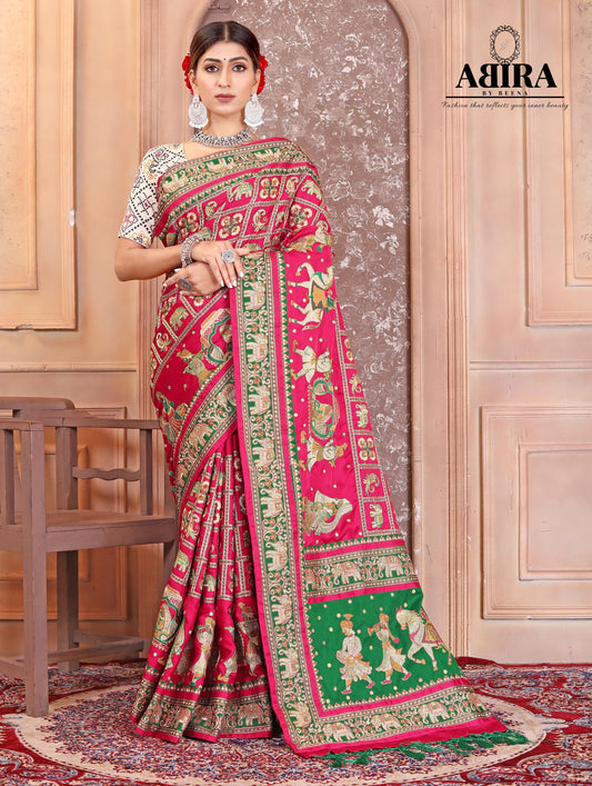 Hot Pink Embroidered Gaji Silk Gharchola - AbirabyBeena