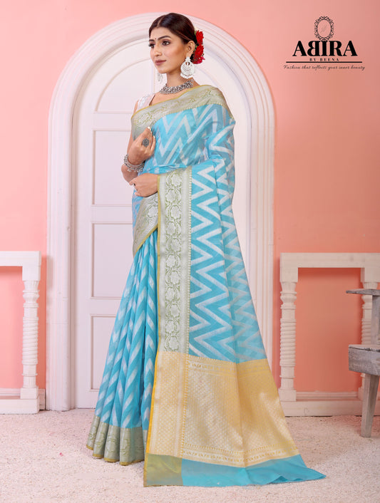 Sky Blue Kora Organza soft silk - AbirabyBeena