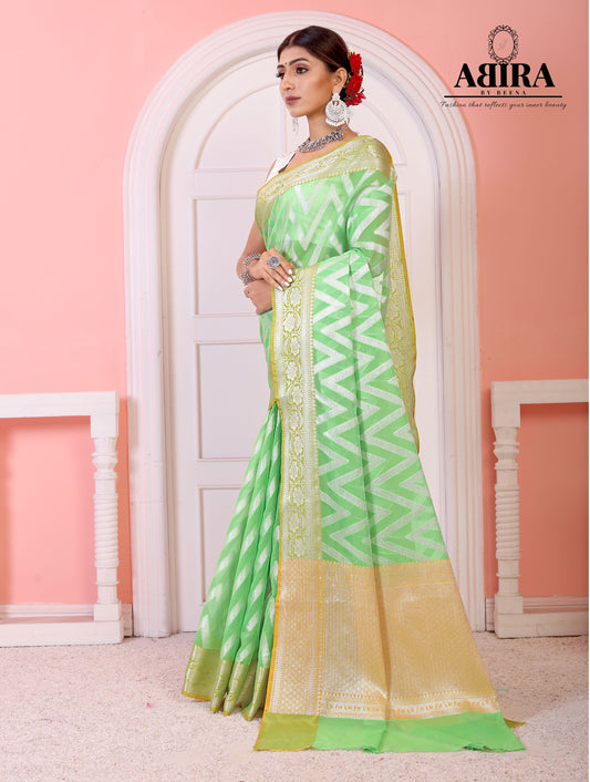 Parrot Green Kora Organza soft silk - AbirabyBeena