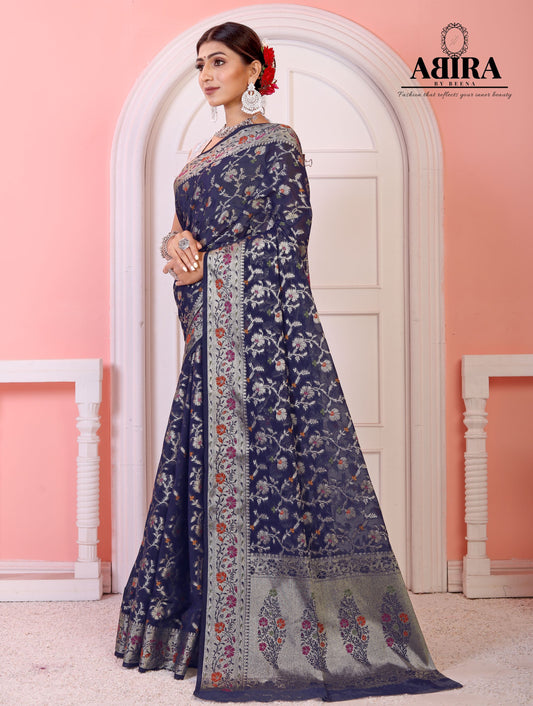 Navy Blue Banaras Soft Georgette Jaal silk - AbirabyBeena