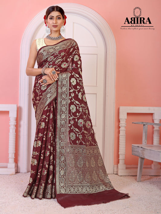 Brown Banaras Soft Georgette Jaal silk - AbirabyBeena