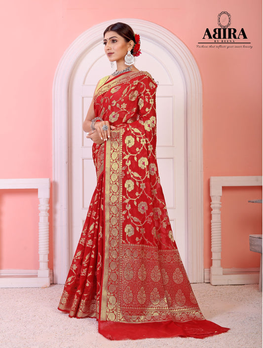 Red Banaras Soft Georgette Jaal silk - AbirabyBeena