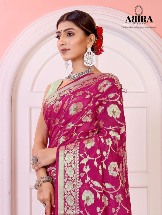 Pink Banaras Soft Georgette Jaal silk - AbirabyBeena