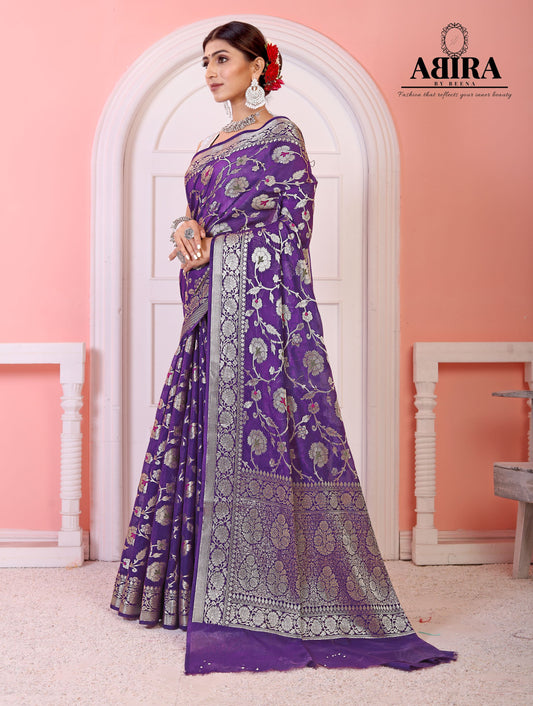 Purple  Banaras Soft Georgette Jaal silk - AbirabyBeena