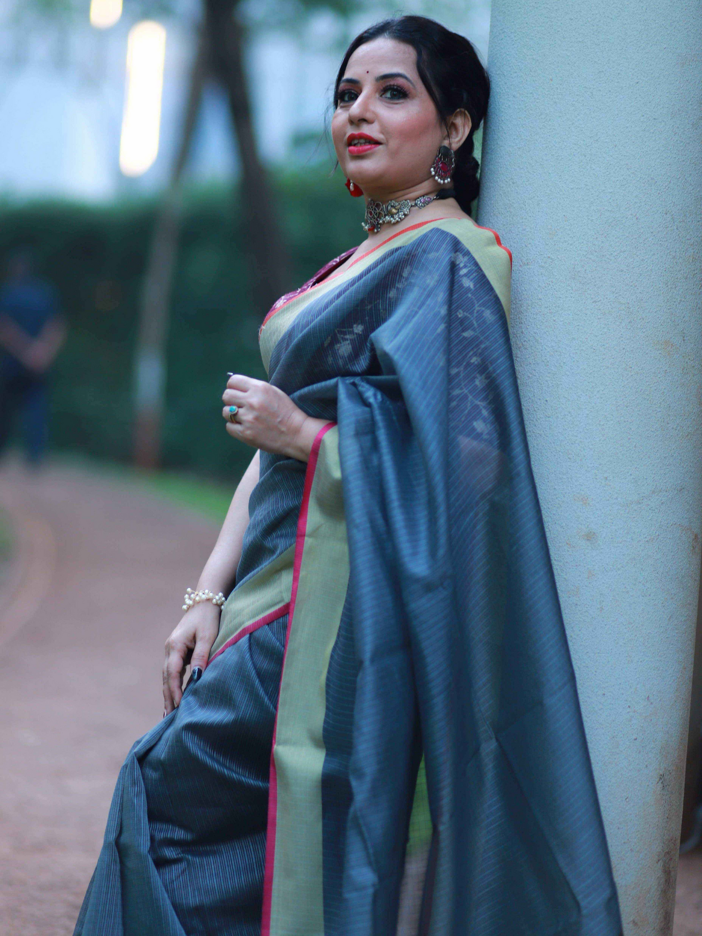 Dark Grey plain Banaras Kota Silk - AbirabyBeena