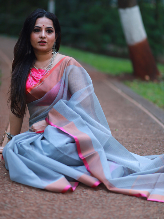 Light Grey plain Banaras Kota Silk - AbirabyBeena