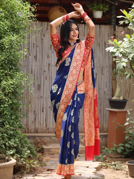 Blue Banaras pure georgette saree - AbirabyBeena