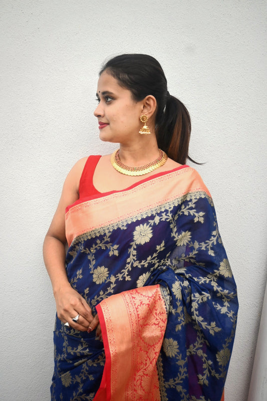 Blue Banaras Soft Georgette Silk Jaal - AbirabyBeena