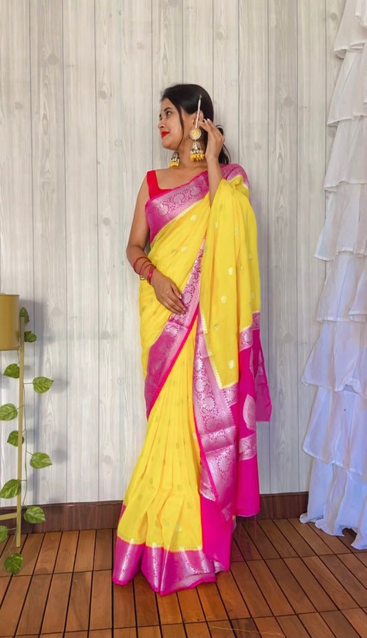 Yellow Soft khaddi Chiffon Handloom - AbirabyBeena