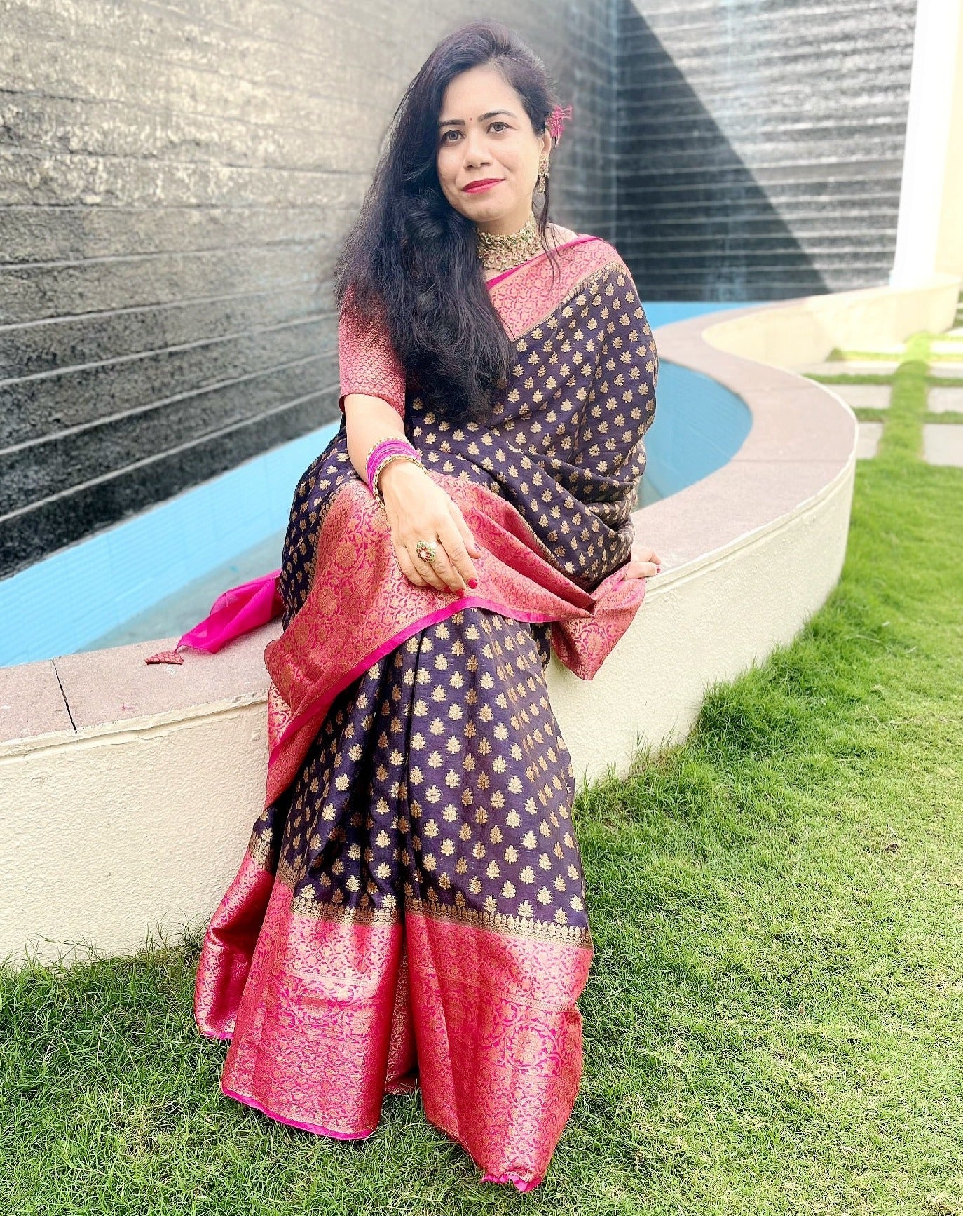 Navy Blue Banaras Soft Georgette silk - AbirabyBeena