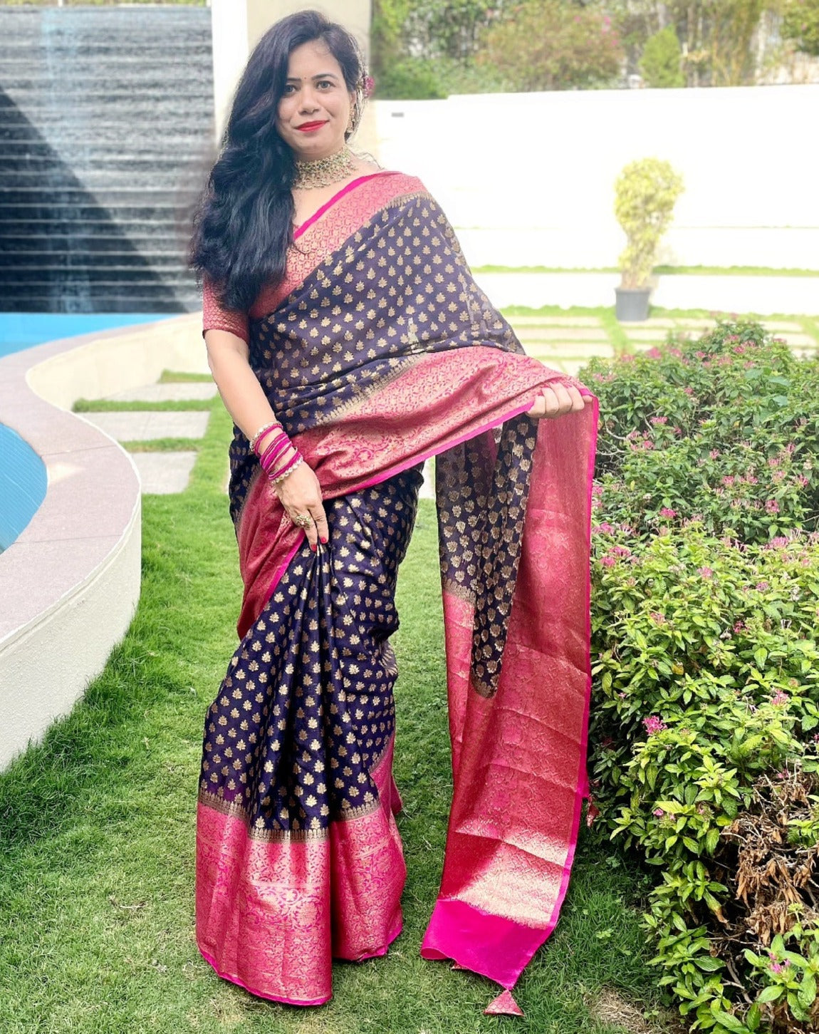 Navy Blue Banaras Soft Georgette silk - AbirabyBeena