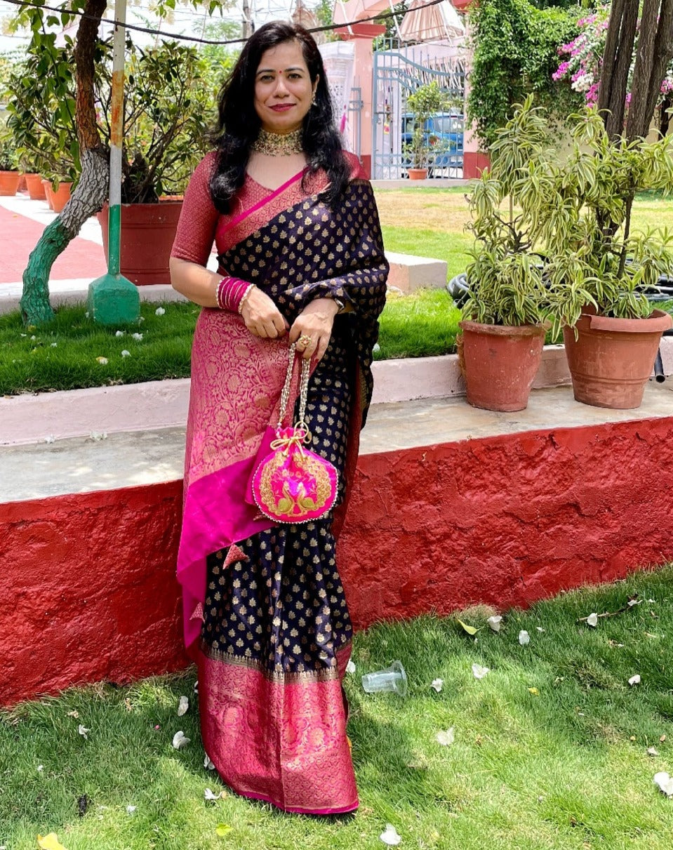 Navy Blue Banaras Soft Georgette silk - AbirabyBeena
