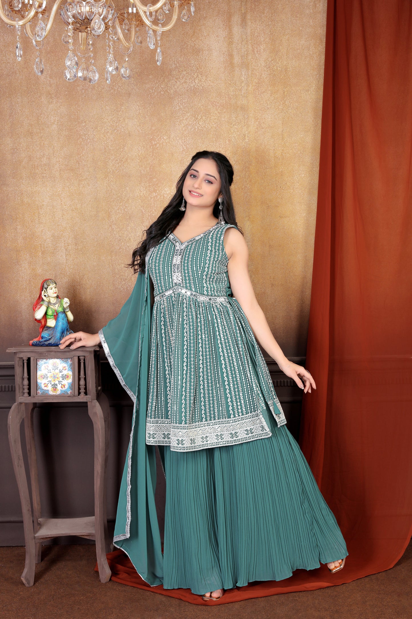 Chic in Olive: Exquisite Embroidered Sharara Suit Set for Women