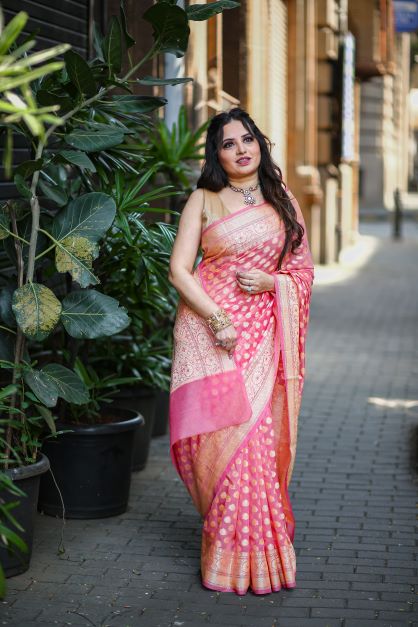 Peach Banaras Soft Georgette silk