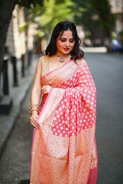 Peach Banaras Soft Georgette silk