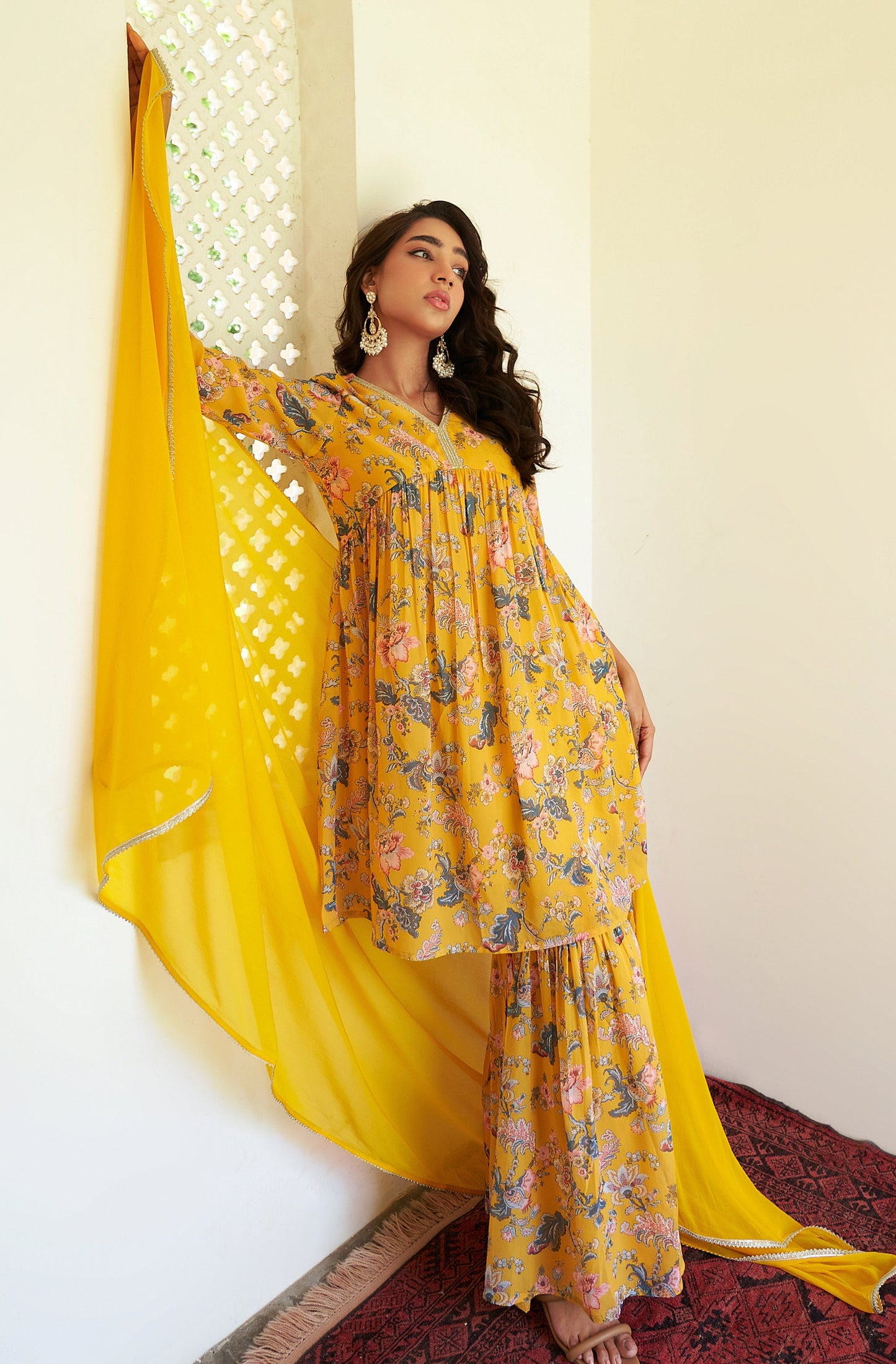 Yellow Georgette Digital Floral Printed Kurta With Sharara And Dupatta